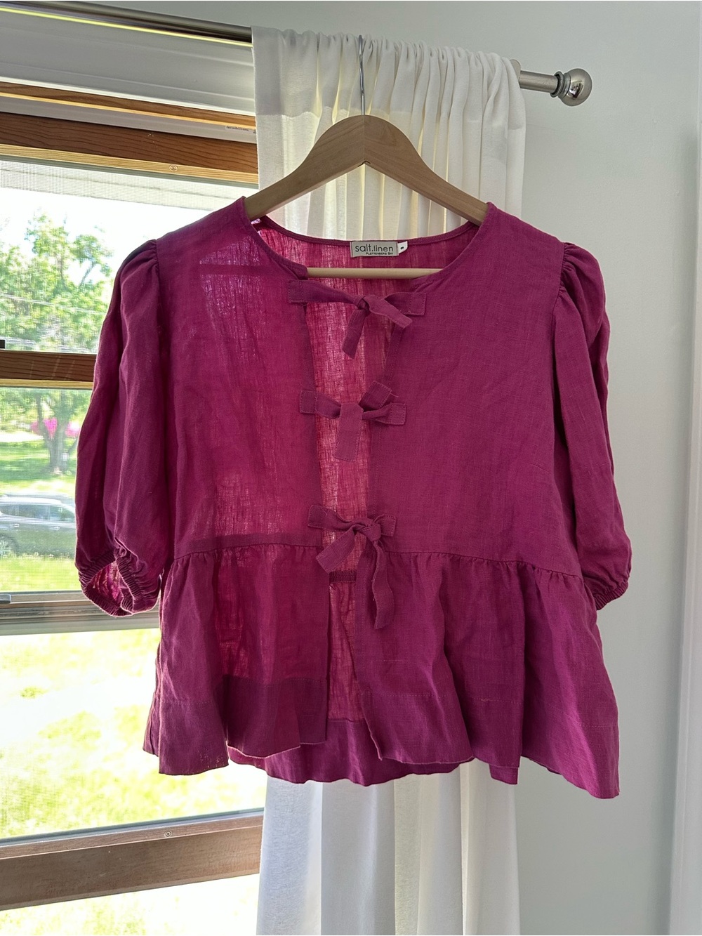 Women's Magenta Linen Tie-Front Peplum Top
